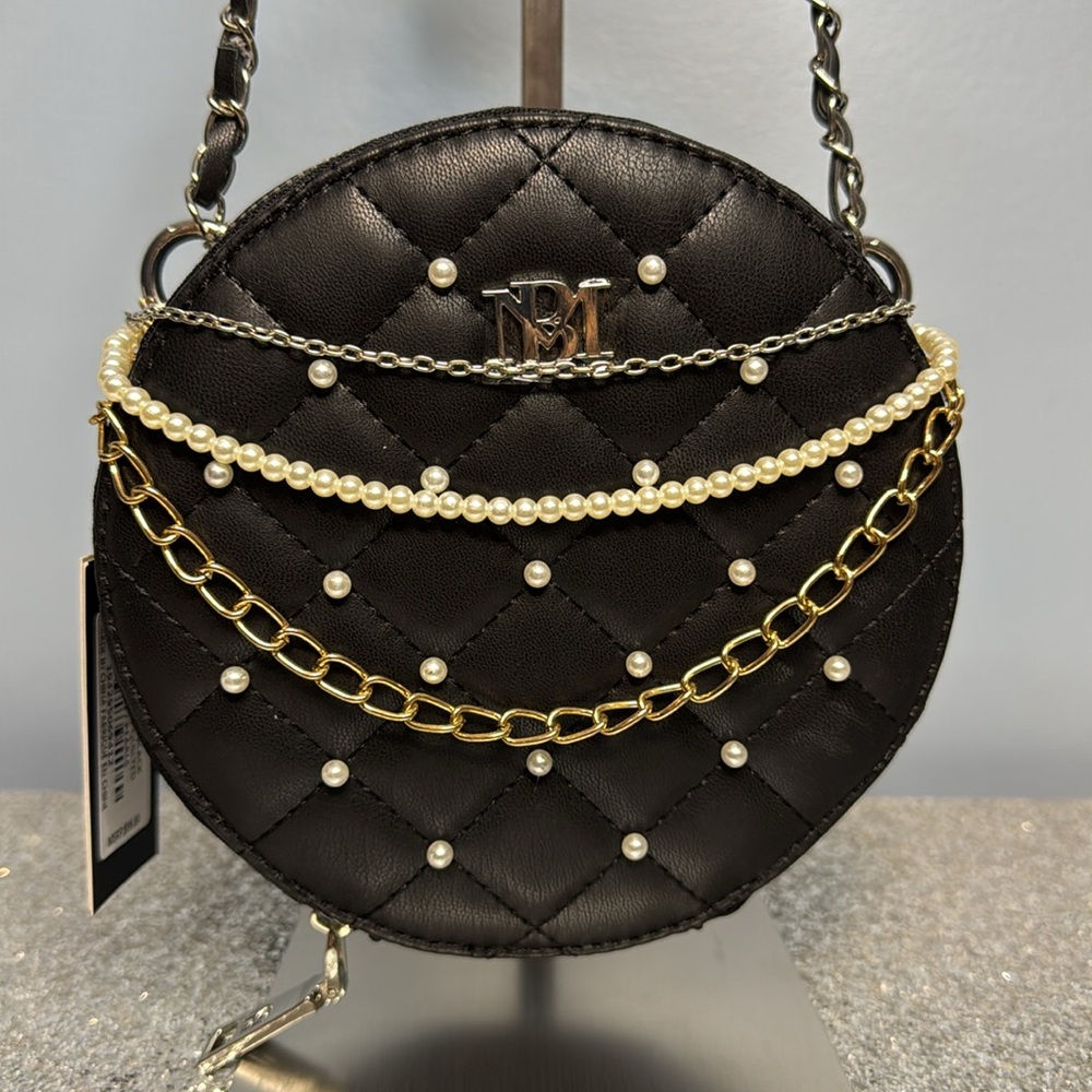Badgley Mischka Black Quilted Mini Crossbody Bag with Gold and Silver Chains - Picture 2 of 9